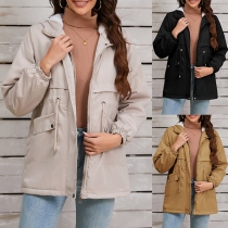 Fashion Long Sleeve Drawstring Waist Front Zipper Plush Lined Jacket for Women