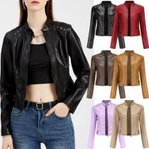 Fashion Stand Collar Long Sleeve Rivet Artificial Leather PU Crop Jacket