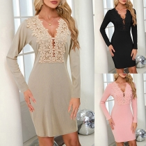 Fashion Floral Lace Spliced V-neck Long Sleeve Bodycon Dress