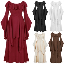 Vintage Ruffle Square Neck Trumpet Long Sleeve Costumes Maxi Dress