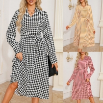 Vintage Houndstooth Printed V-neck Long Sleeve Self-tie Shirt Dress