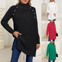 Fashion Turtleneck Bead Long Sleeve Side Slit Sweater