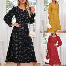 Fashion Printed Crew Neck Long Sleeve Self-tie Midi Dress