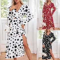 Fashion Dot Printed V-neck Long Sleeve Cinch Waist Side Slit Midi Dress