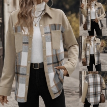 Fashion Contrast Color Plaid  Stand Collar Long Sleeve Jacket