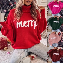 Fashion Merry-Letter Turtleneck Batwing Long Sleeve Knitted Christmas Sweater