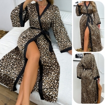 Sexy Leopard Printed Self-tie Long Sleeve Robe for Women