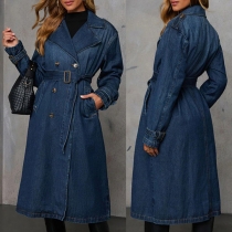 Fashion Notch Lapel Long Sleeve Self-tie Denim Jacket