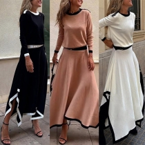 Fashion Contrast Color Two-piece Set Consist of Crop Top and Irregular Hemline Skirt
