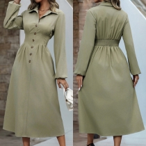Fashion Stand Collar Long Sleeve Smocked Waist Front Button Midi Dress