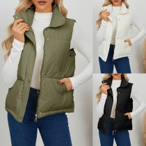 Fashion Solid Color Stand Collar Sleeveless Quilted Vest