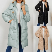Fashion Stand Collar Long Sleeve Patch Pockets Quilted Longline Hooded Coat for Women