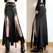 Street Fashion Irregular Hemline Artificial Leather PU Spliced Front Slit Maxi Skirt