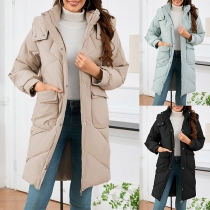 Fashion Stand Collar Long Sleeve Patch Pockets Quilted Longline Coat for Women