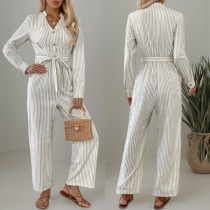Fashion Verticial Stripe Printed Button V-neck Straight-cut Self-tie Jumpsuit
