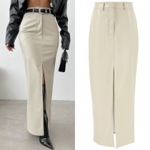 Fashion Front Slit Artificial Leather PU Maxi Skirt