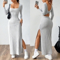 Fashion Square Neck Long Sleeve Backless Side Slit Ribbed Maxi Dress