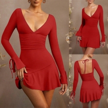 Sexy V-neck Long Sleeve Backless Ruffle Irregular Hemline Red Mini Dress
