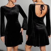 Sexy Crew Neck Long Sleeve Backless Mini Dress