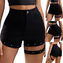 Street Fashion Rivet High-rise Shorts with Leg Ring