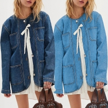 Fashion Patch Pockets Long Sleeve Old-washed Denim Jacket