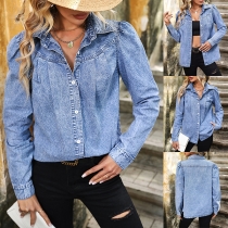 Fashion Stand Collar Puff Long Sleeve Old-washed Denim Shirt