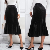 Fashion Solid Color High-rise Fishtail Hemline Corduroy Skirt
