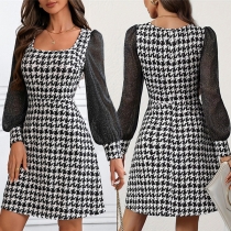 Fashion Houndstooth Printed Gauze Spliced Long Sleeve Square Neck Mini Dress