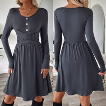Fashion Button Crew Neck Long Sleeve Front Cross Design Mini Dress