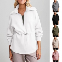 Fashion Lapel Collar Half-zipper V-Neck Drawstring Waist Long Sleeve Sweatshirt