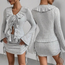 Fashion Ribbed Two-piece Set Consist of Ruffle Cardigan and Side Drawstring Skirt