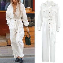 Street Fashion Front Button Stand Collar Long Sleeve Self-tie Straight-cut Jumpsuit