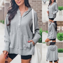 Fashion Front Button Hooded Long Sleeve Sweatshirt