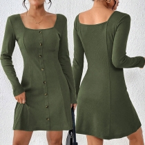 Fashion Square Neck Long Sleeve Front Button Mini Dress