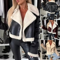 Fashion Plush Lined Large Notch Lapel Long Sleeve Artificial Leather PU Crop Jacket
