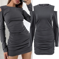 Fashion Crew Neck Open-shoulder Long Sleeve Ruched Bodycon Dress