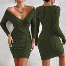 Sexy Solid Color V-neck Long Sleeve Ribbed Dress