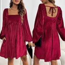 Fashion Solid Color Square Neck Lantern Long Sleeve Side Pockets Backless Velvet Dress