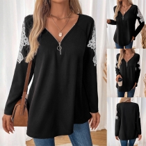 Fashion Half-zipper V-neck Lace Spliced Long Sleeve Shirt