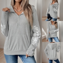 Fashion Half-zipper V-neck Hooded Floral Printed Long Sleeve Sweatshirt