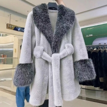 Fashion Warm Artificial Fur Spliced Lapel Long Sleeve Self-tie Jacket
