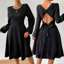 Fashion Crew Neck Long Sleeve Backless Self-tie Black Dress