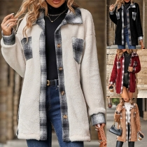 Fashion Contrast Color Plaid Pattern Stand Collar Long Sleeve Jacket