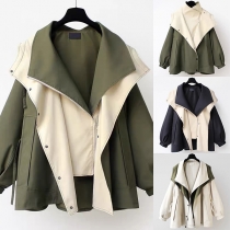 Fashion Contrast Color Lapel Long Sleeve Slant Zipper Button Closure Jacket for Women