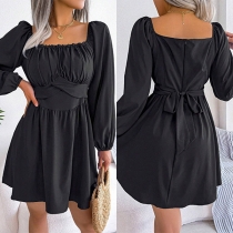 Fashion Ruched Square Neck Long Sleeve Self-tie Mini Dress