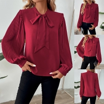 Fashion Bowknot Crew Neck Pleated Lantern Long Sleeve Shirt