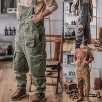 Vintage Multi-pockets Solid Color Loose Cargo Jumpsuit for Men