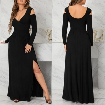 Sexy V-neck Open-shoulder Long Sleeve Side Slit Backless Maxi Dress