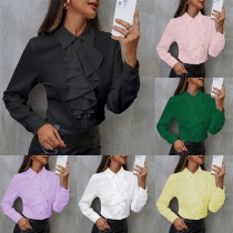 Fashion Stand Collar Front Ruffle Long Sleeve Shirt