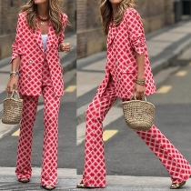 Fashion Printed Two-piece Suit Set Consist of Double-breasted Blazer and Straight-cut Pants